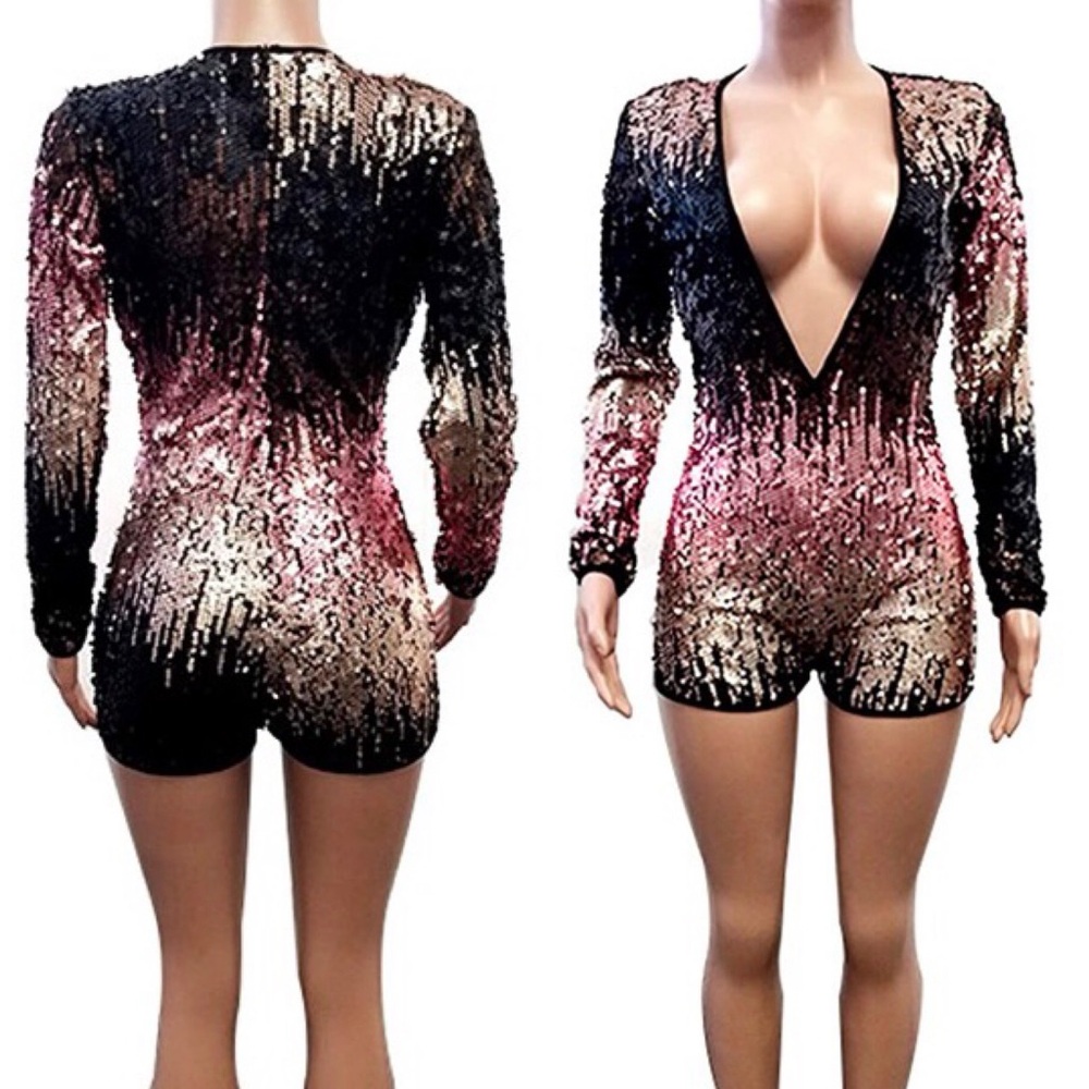 Sequin Gradient Deep V Long Sleeve Romper Size Large